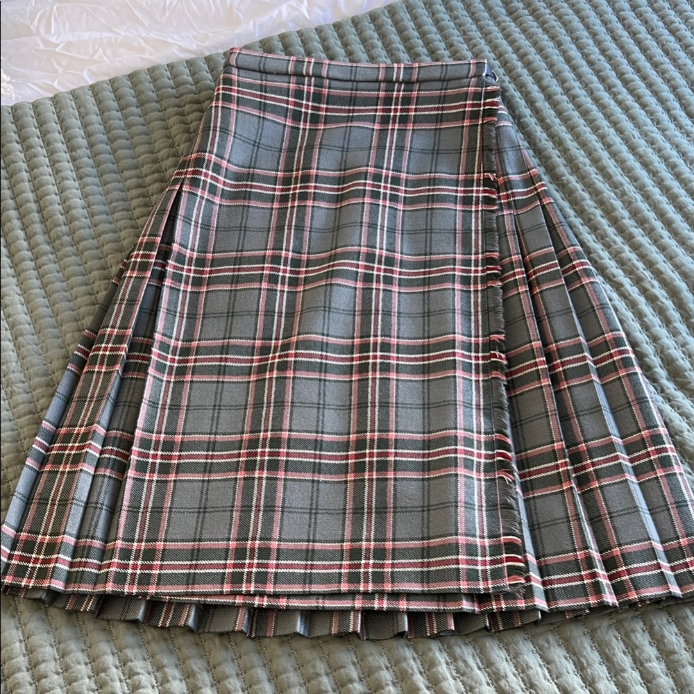 100% Wool Tartan Plaid Green, Pink, White Women's Wrap Midi Skirt